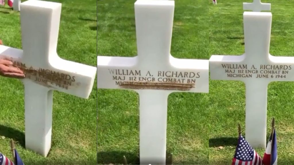 french-soldiers-fill-in-engraved-headstones-with-sand-from-omaha-beach