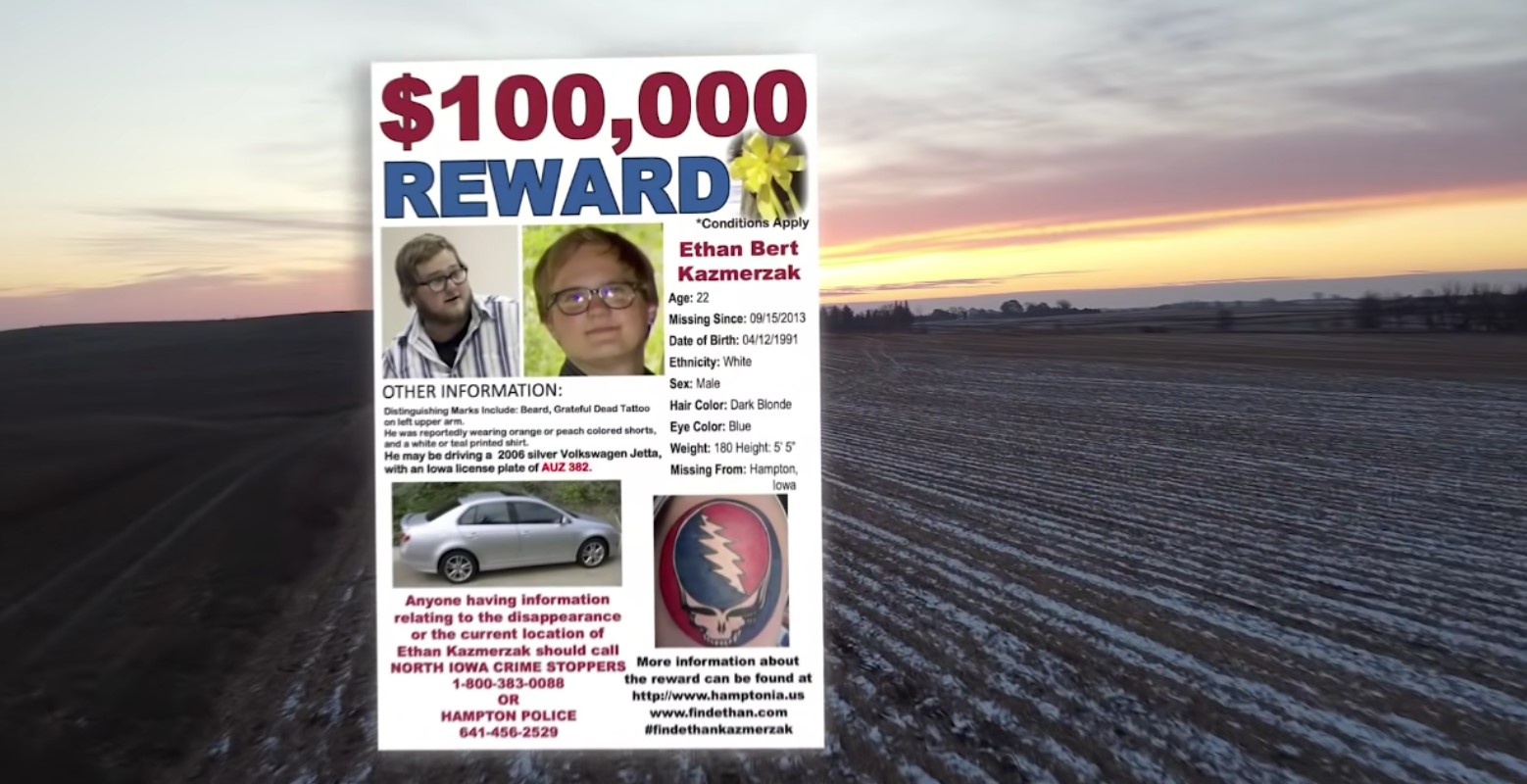 Poster of $100,000 Reward for information regarding missing person Ethan Bert Kazmerzak